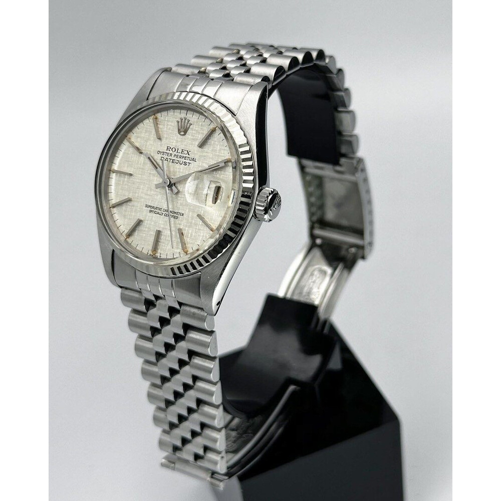 36mm • 1978 Rolex DateJust 16014 White Gold Bezel Silver Linen Dial
